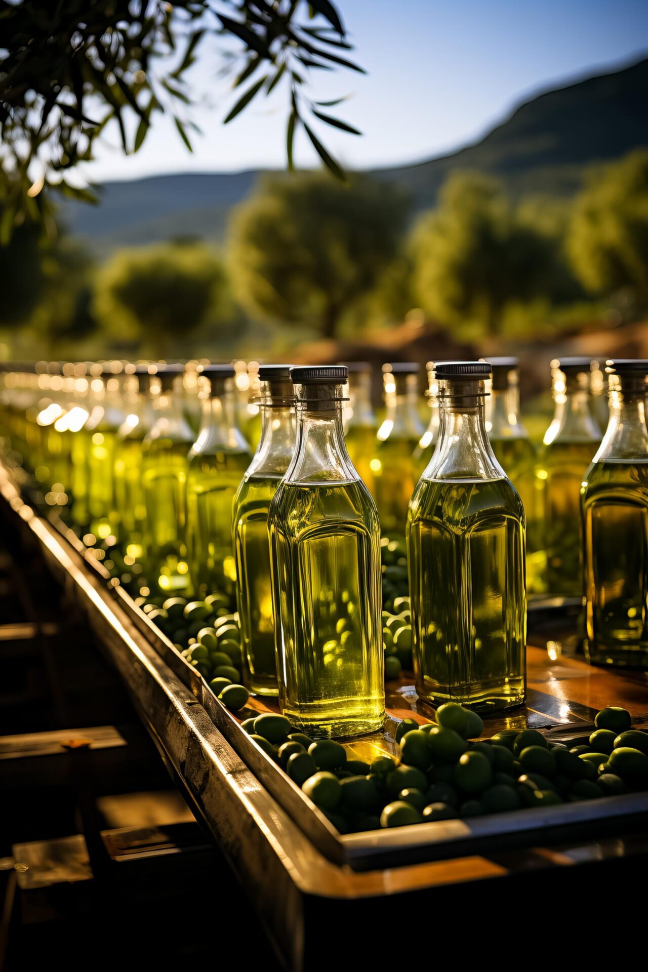 Traditional olive oil bottling line amidst lush green olive groves